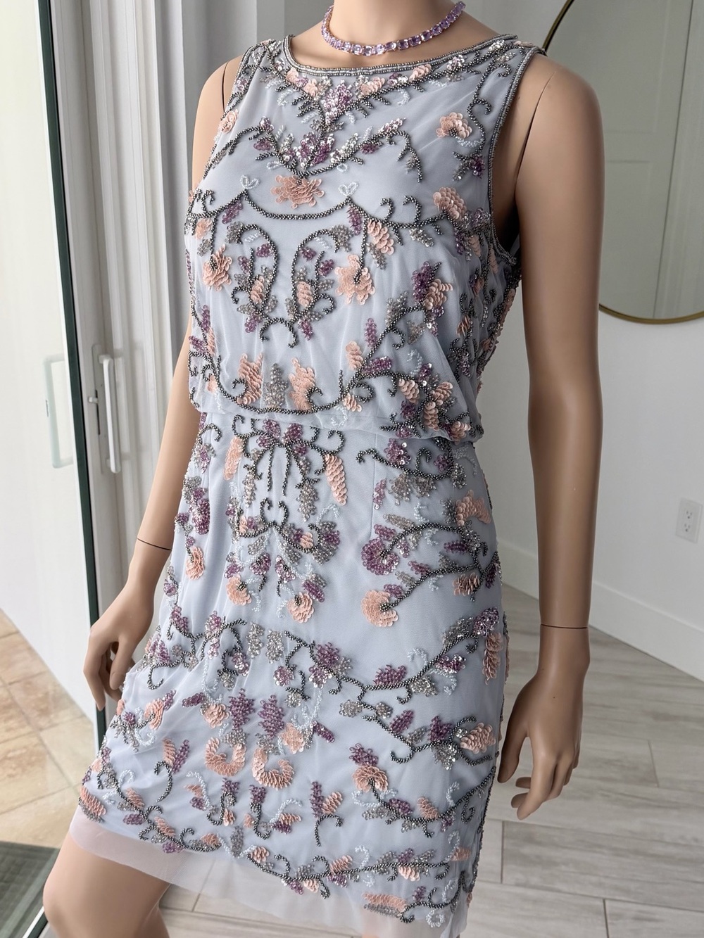 Adrianna Papell Beaded Sequin Blouson Dress – Grey/Blush/Lavender Size 10